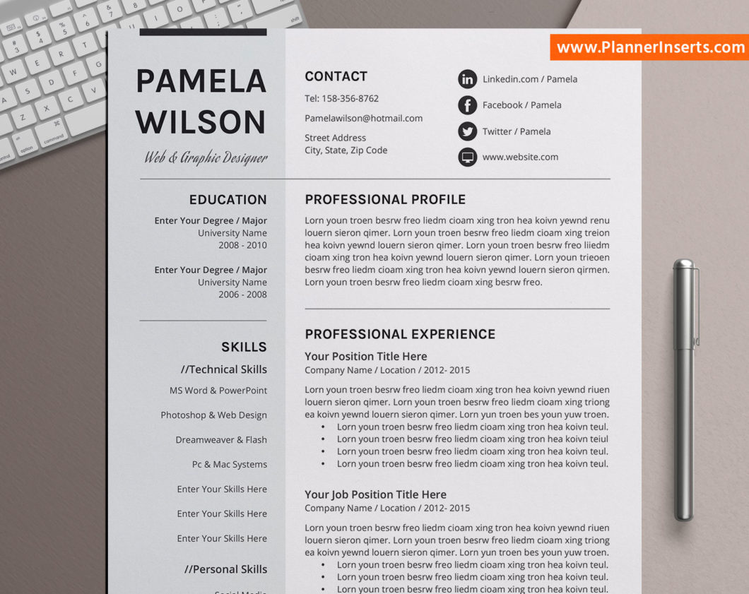Professional CV Template Word - Www.PlannerInserts.com Professional Resume Template Modern CV Template MS Office Word Resume Template Cover Letter References Resume Icons Resume Fonts PI Resume Template 115 1 1060x841 